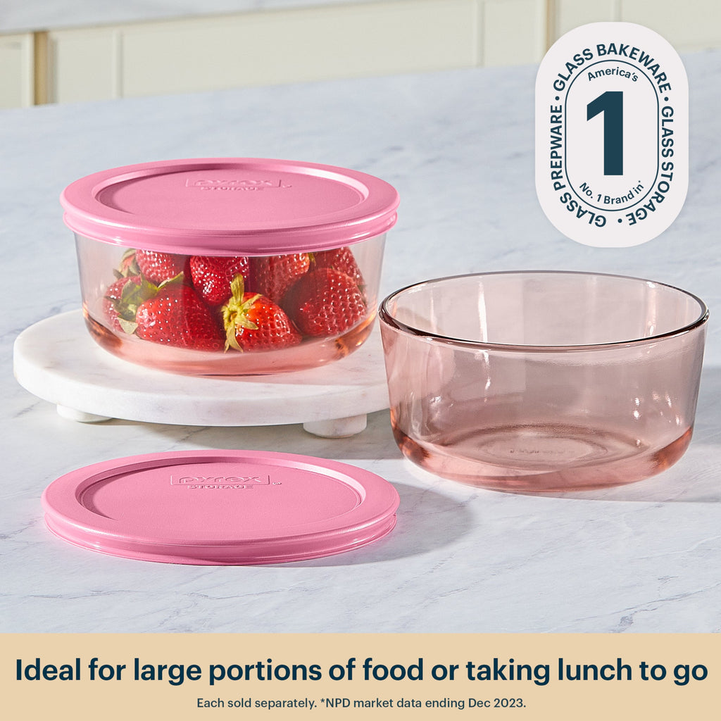 Pyrex Pyrex® Simply Store® Tinted Glass 4-cup Round Storage Container with Lid, Pink