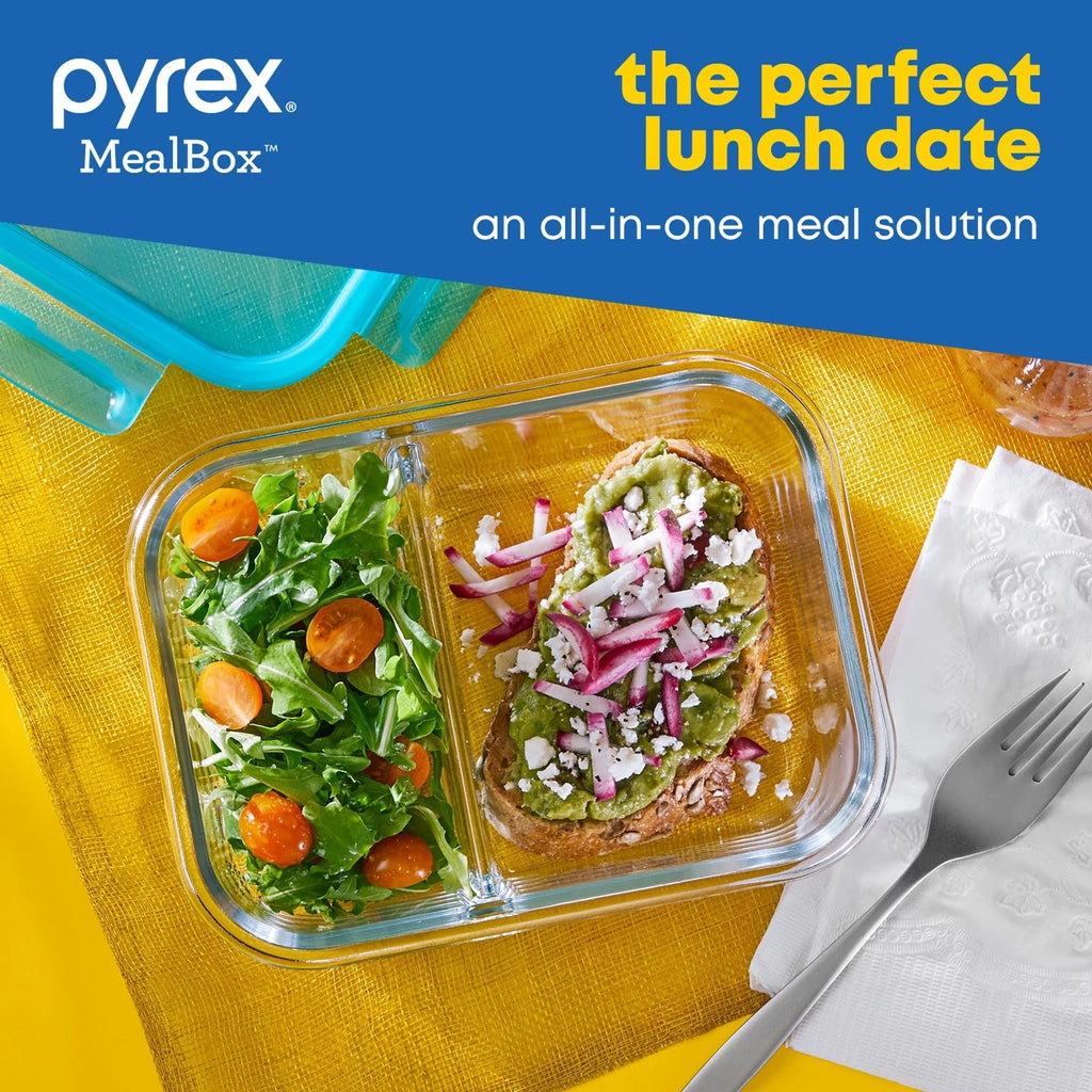Pyrex Pyrex® MealBox™ 2.3-cup Divided Glass Food Storage Container with Turquoise Lid