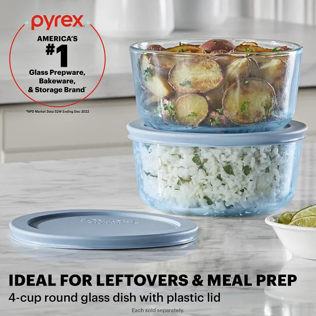 Pyrex Pyrex® Simply Store® Tinted 4-cup Round Storage with Blue Plastic Lid